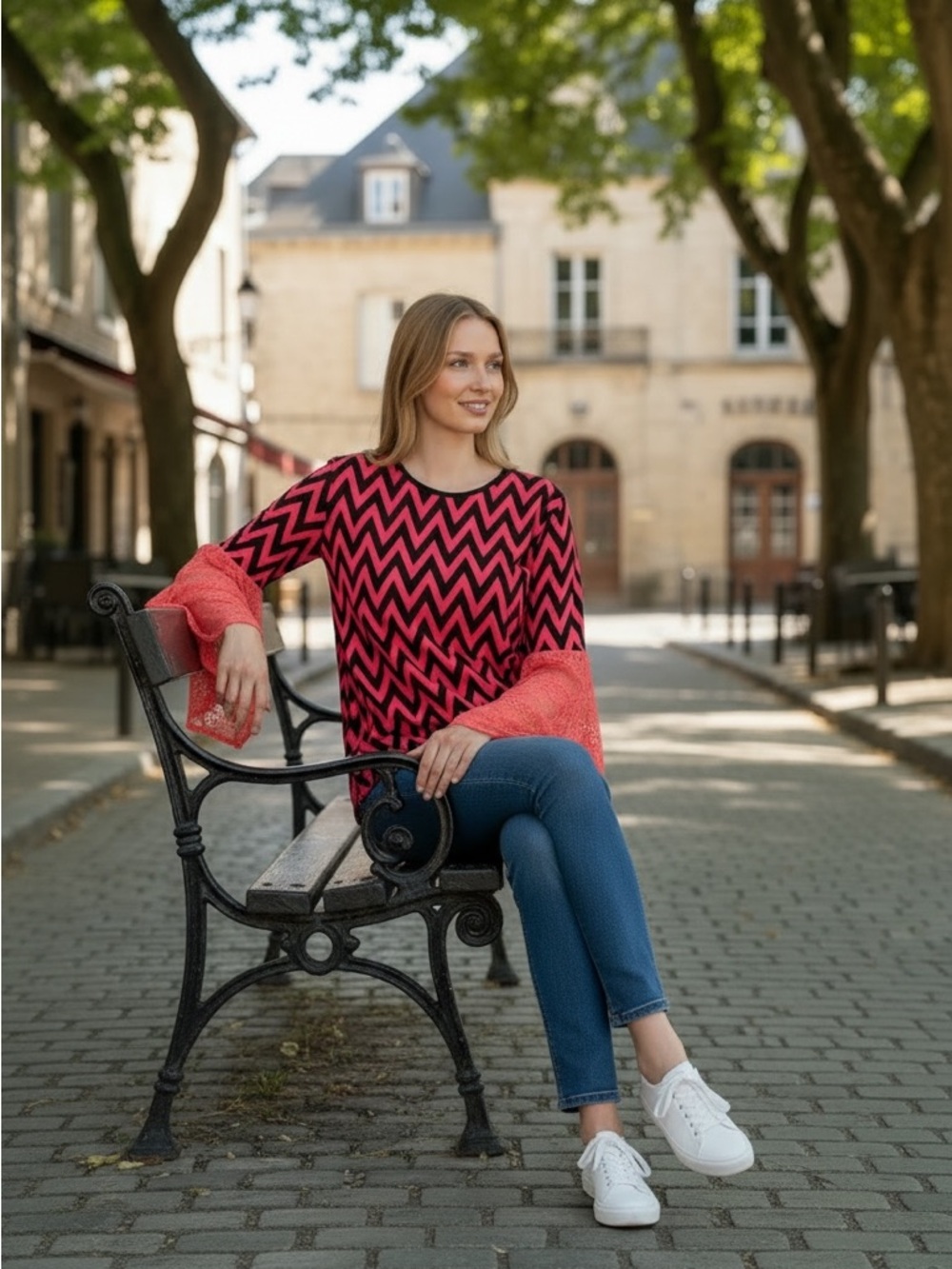 Pink & Black Chevron Flare Sleeve Top Size Large Statement Bell Sleeve Blouse - Picture 6 of 6